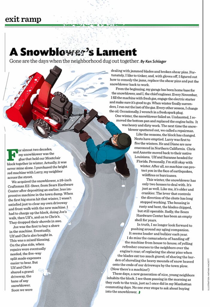 The Snowblower&#8217;s Lament, New Jersey Monthly - Nathan Hackett - Anna Goodson Illustration Agency