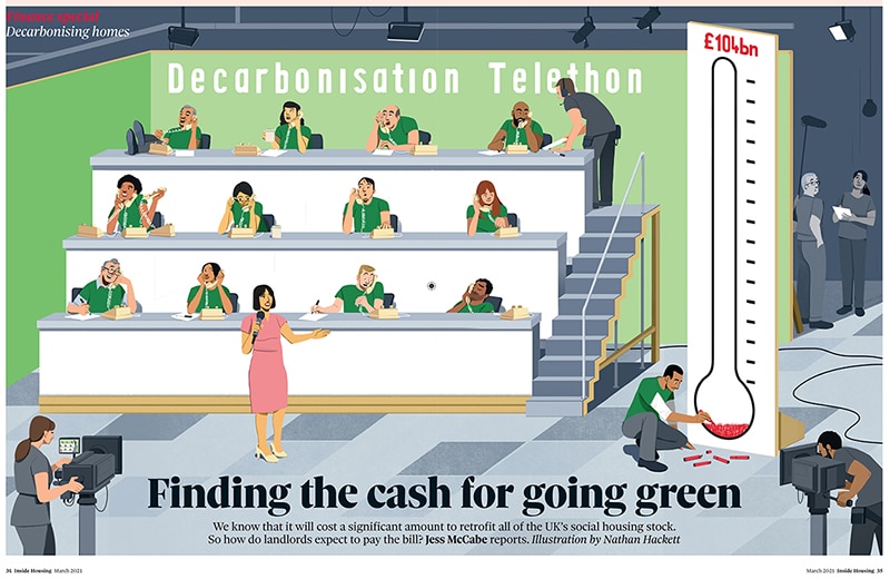 Finding the Cash for Going Green, Inside Housing Magazine - Nathan Hackett - Anna Goodson Illustration Agency