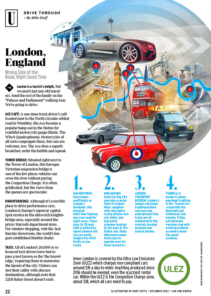 Car and Driver Magazine / Map style collage illustration - Andy Potts - Anna Goodson Agence d'illustration
