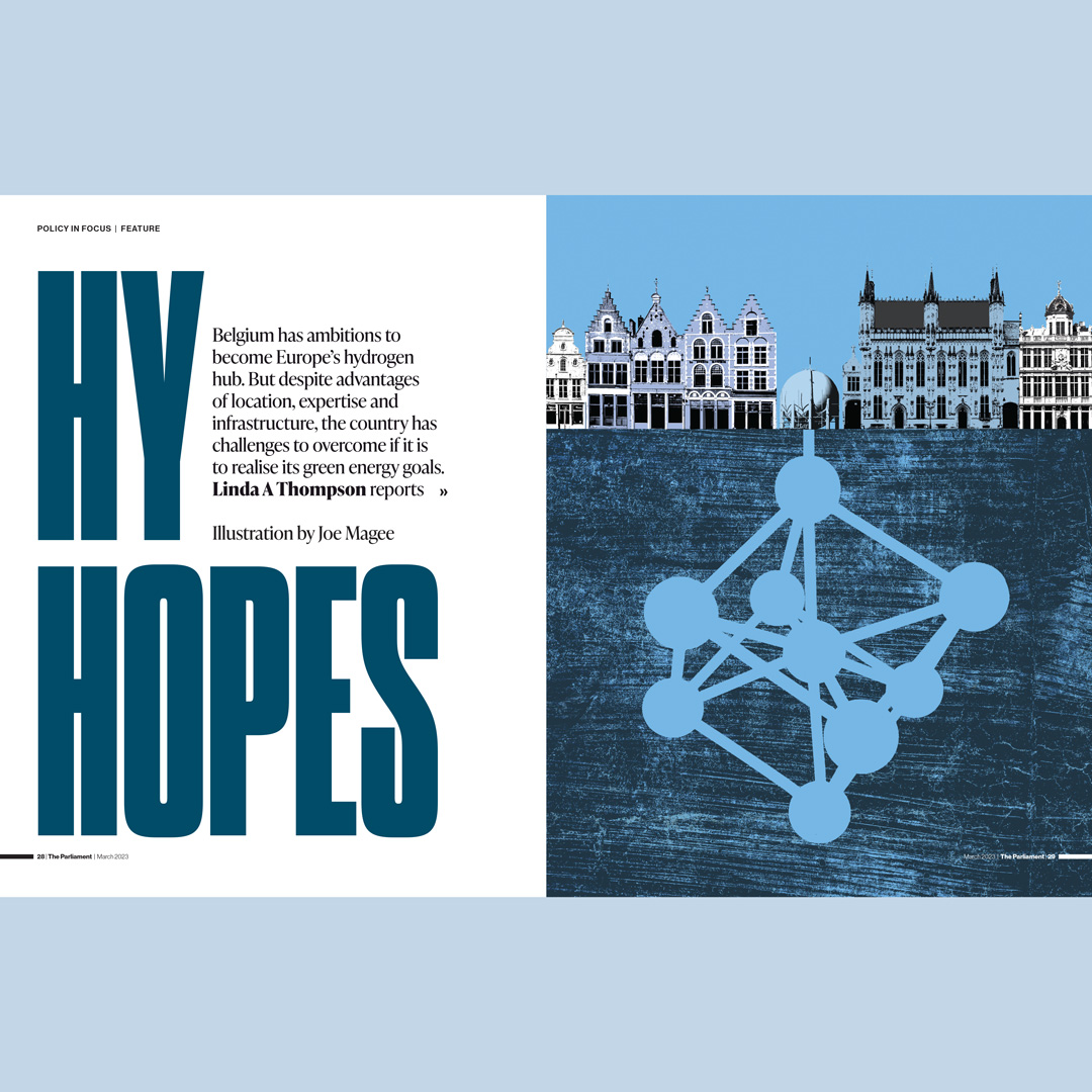 Parliament Magazine / Belgium plans to become Europe&#8217;s &#8220;hydrogen hub&#8221; - Joe Magee - Anna Goodson Illustration Agency