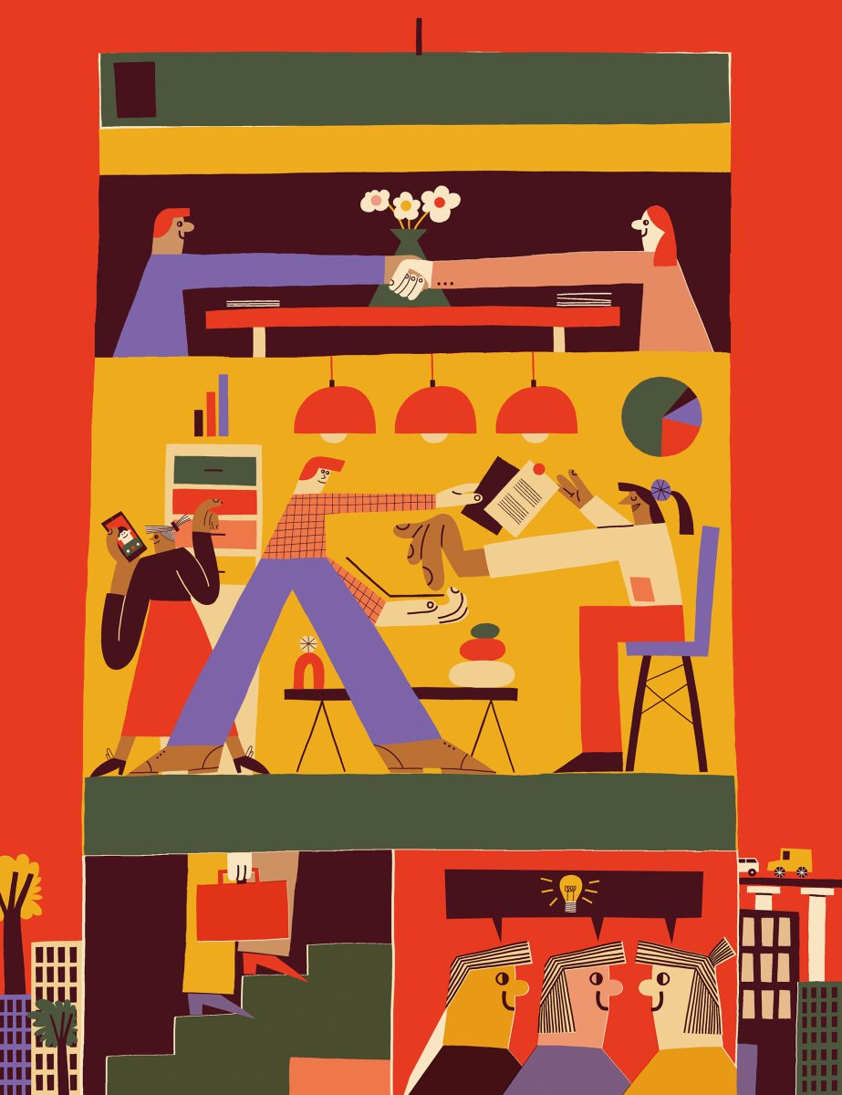Office Excitement and Collaboration / Wework - Miguel Monkc - Anna Goodson Illustration Agency