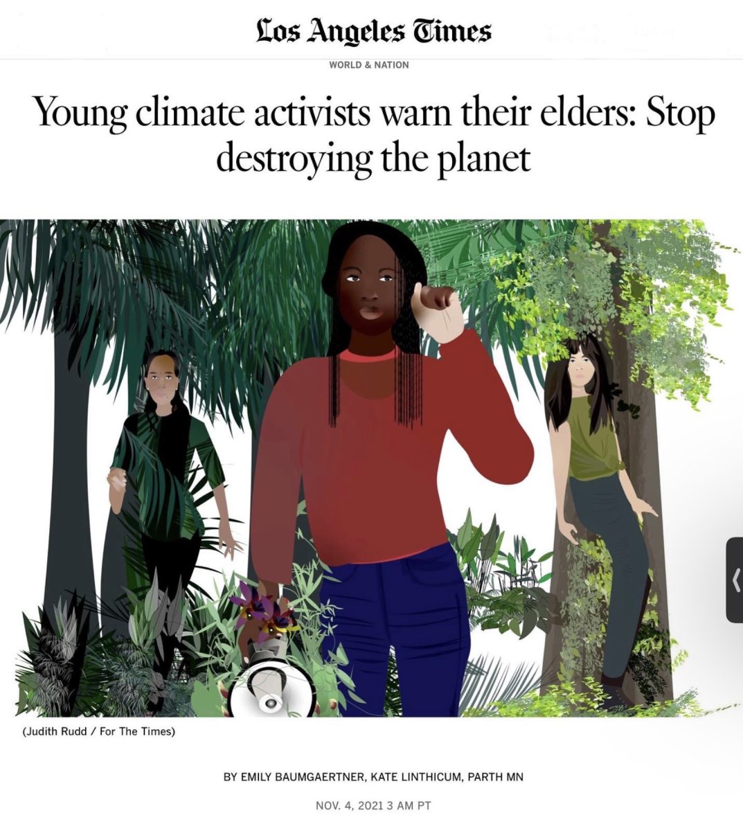 LA Times / Les jeunes militants du climat avertissent leurs aînés : Arrêtez de détruire la planète - Judith Rudd - Anna Goodson Agence d'illustration