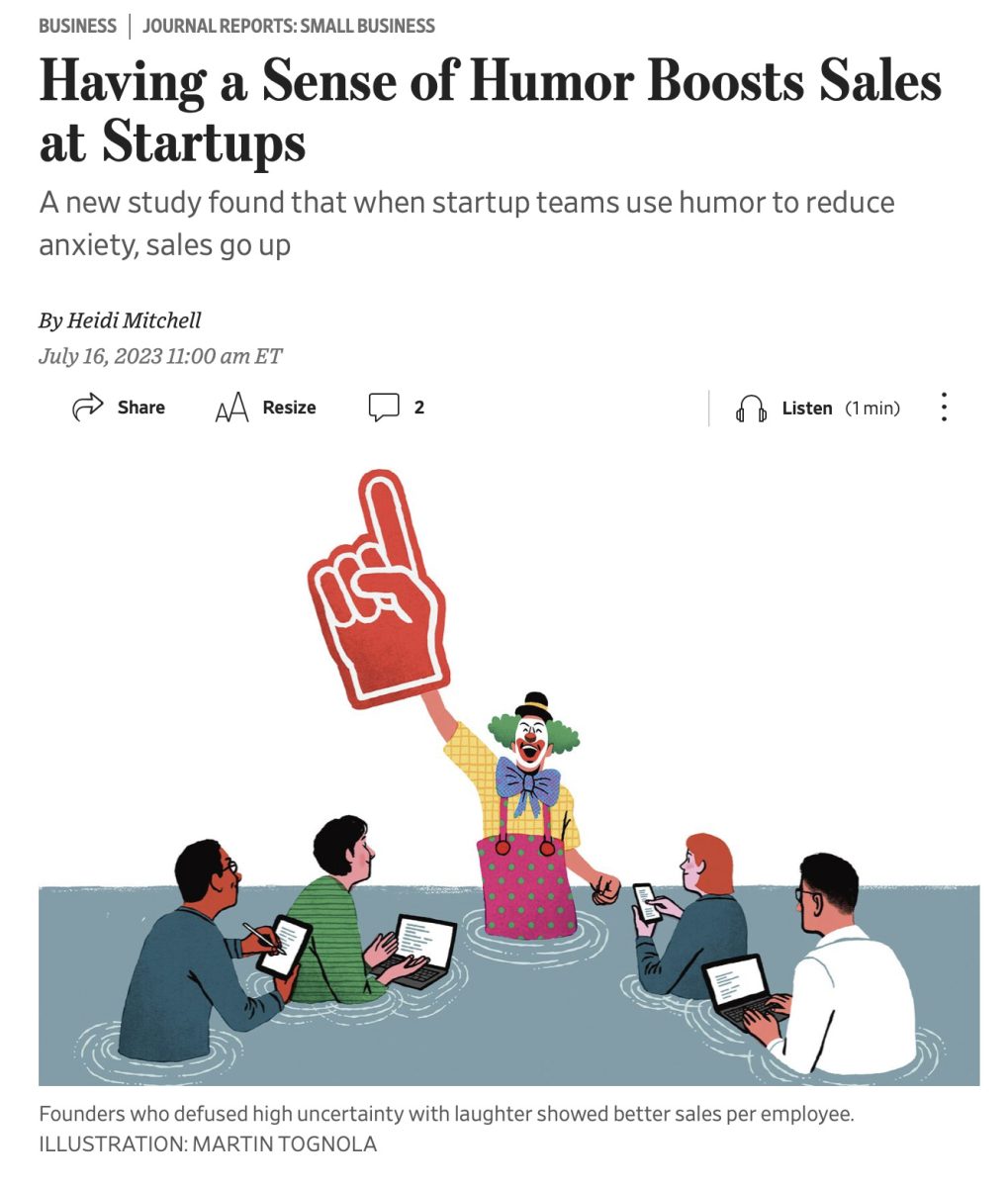 The Wall Street Journal / A new study found that when startup teams use humor to reduce anxiety, sales go up - Martin Tognola - Anna Goodson Illustration Agency