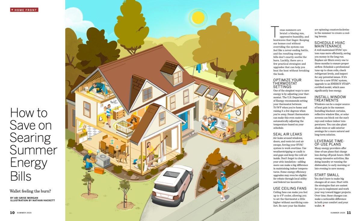 THFL, Texas Heritage for Living / How to Save on Searing Summer Energy Bills - Nathan Hackett - Anna Goodson Illustration Agency