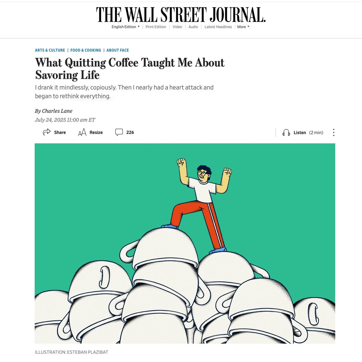 Wall Street Journal / What Quitting Coffee Taught Me About Savoring Life - Esteban Plazibat - Anna Goodson Illustration Agency