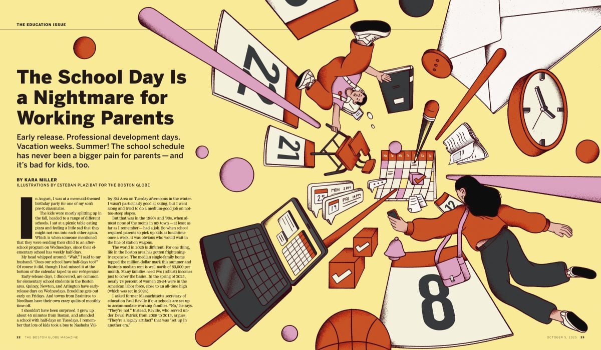 Globe Magazine / La journée d&rsquo;école est un cauchemar pour les travailleurs - Esteban Plazibat - Anna Goodson Agence d'illustration